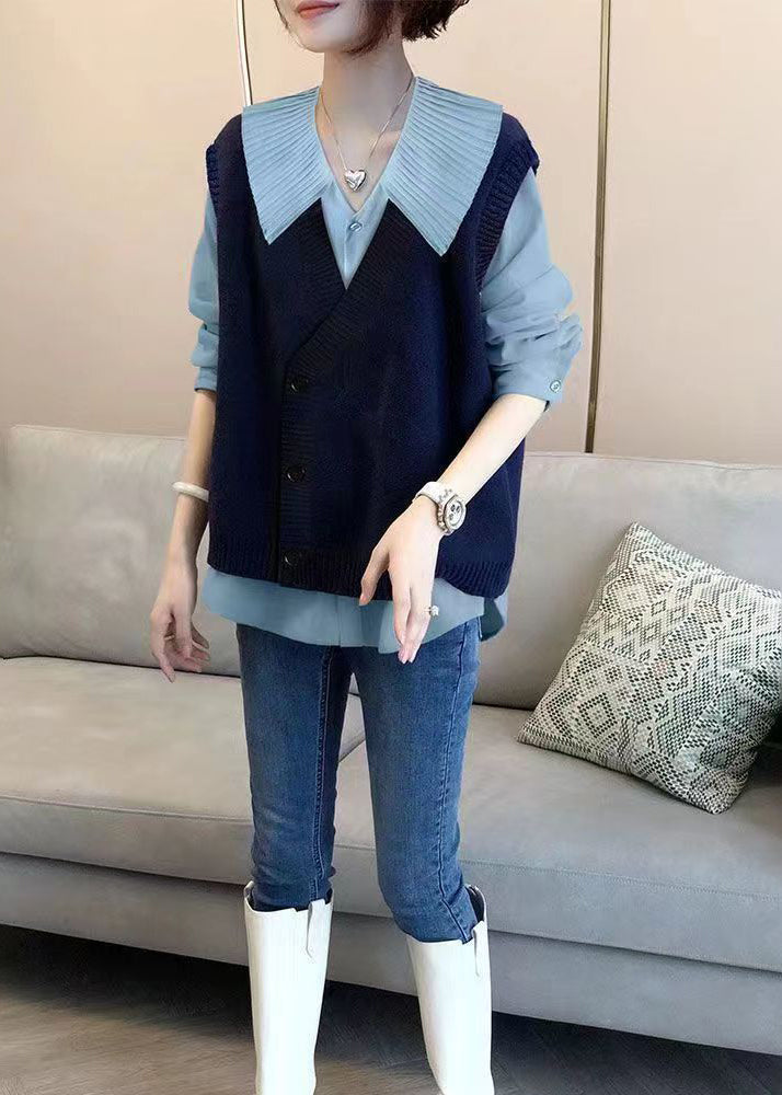 Autumn New Shirt Top and Knitted Vest Two Piece Loose