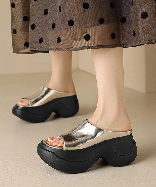 Gold Platform Heels Faux Leather Slide Sandals Peep Toe