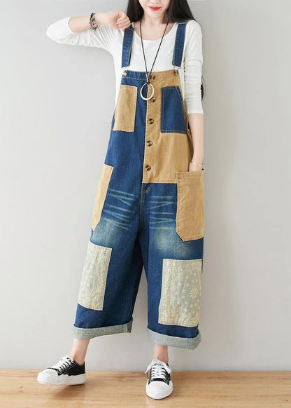 French Baby Blue Patchwork Jeans Jumpsuit
