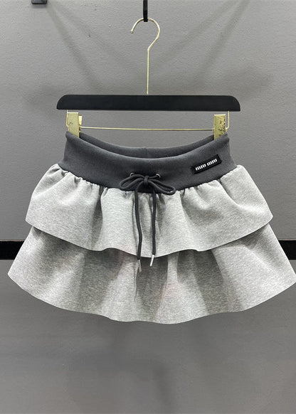 Natural Grey Elastic Waist Drawstring a Line Skirts