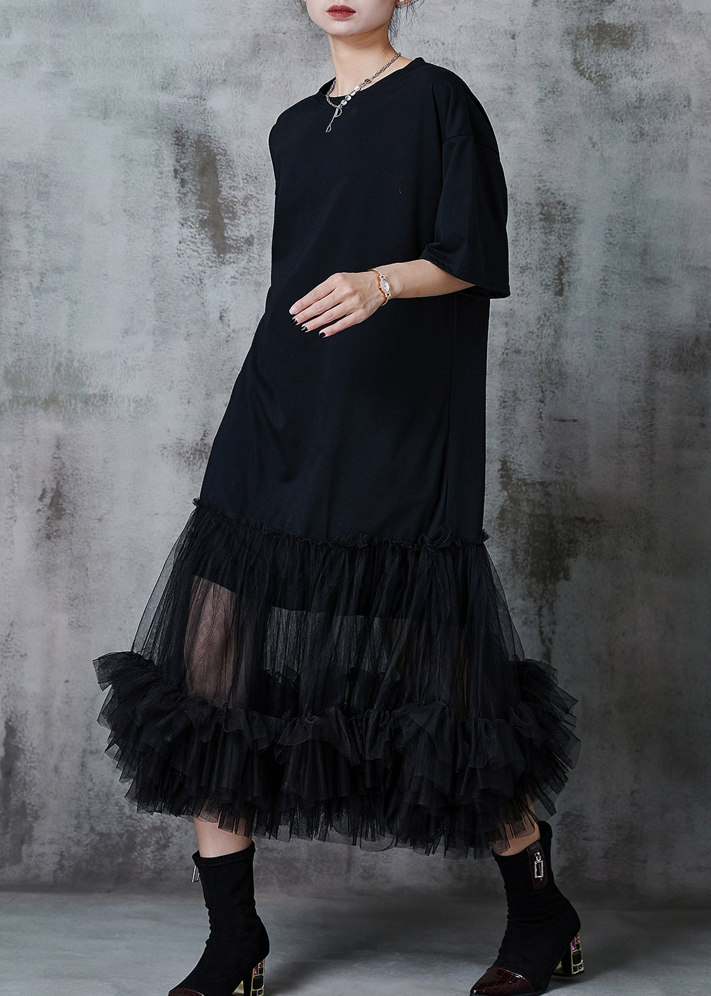 Black Oversized Patchwork Cotton Party Dress Summer
