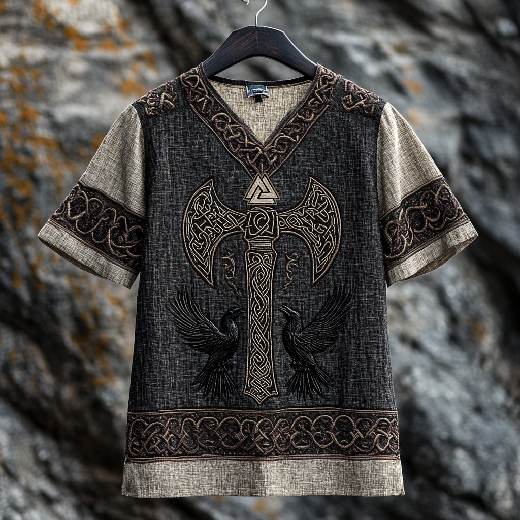 Men's Viking Runes Celtic Knot Raven And Axetotem Linen T-shirt artswardrobe