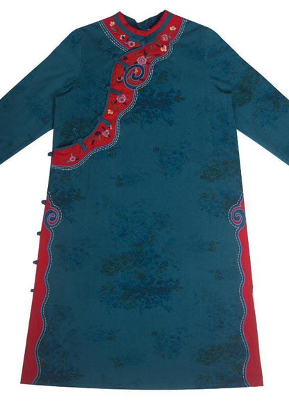 Stand Collar Spring Tunics Pattern Blue Embroidery Long Dresses