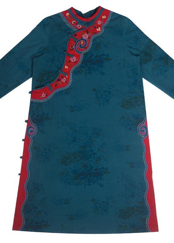 Stand Collar Spring Tunics Pattern Blue Embroidery Long Dresses