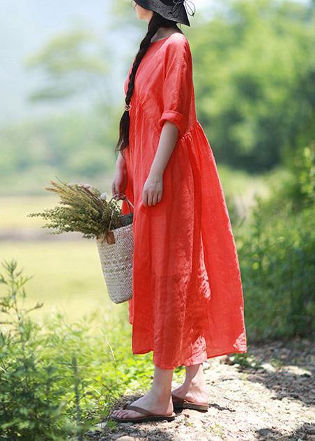 Diy Orange Red Clothes O Neck Cinched Robes Summer Dress
