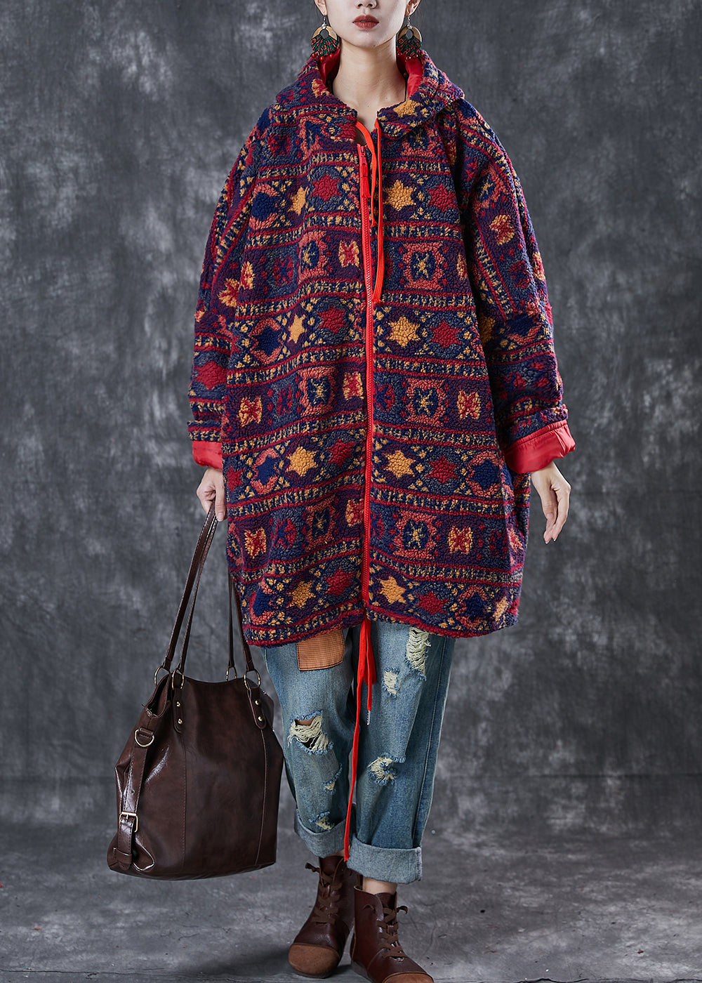 Purple Print Faux Fur Jacket Oversized Drawstring Winter