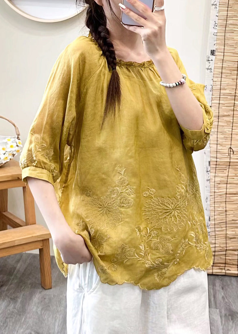 Brief Green O-neck Embroideried Ruffled Patchwork Linen Top Fall