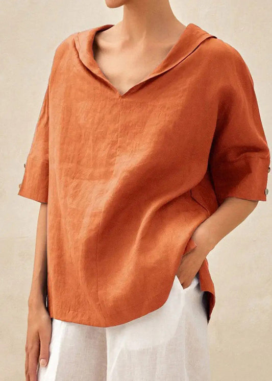 Orange O-neck Side Open Shirts Short Sleeve