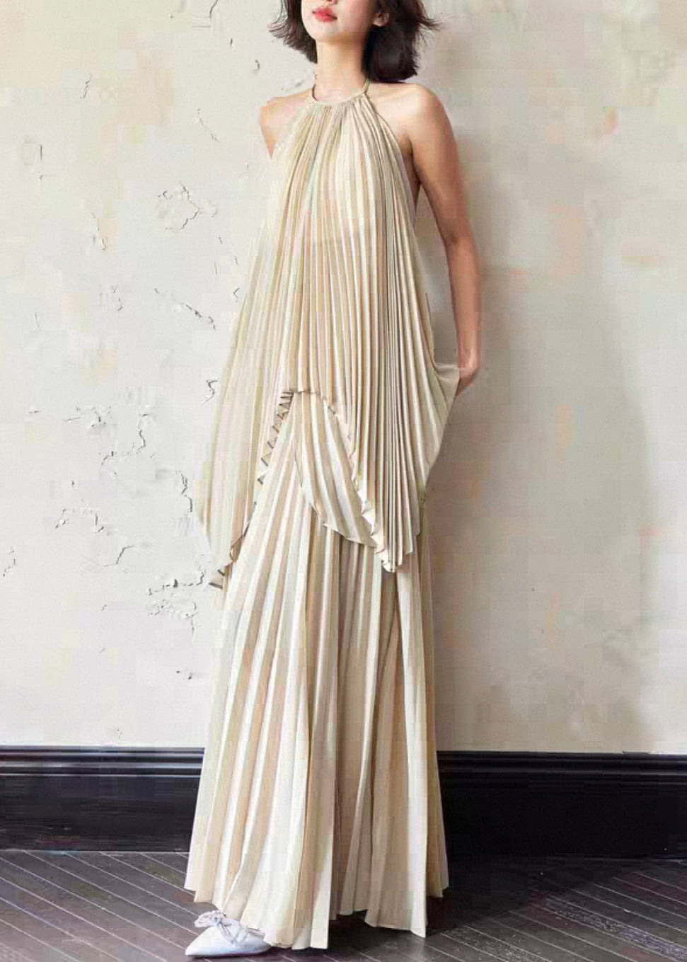 Backless Wrinkled Tops and Skirts Chiffon Two Piece Set Sleeveless
