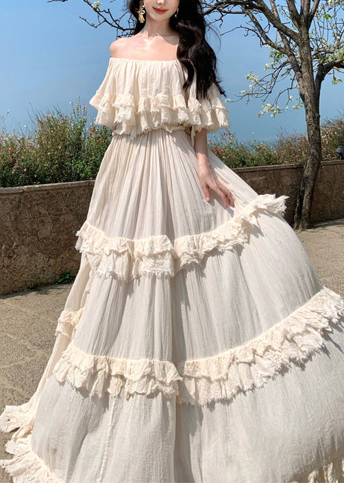 Apricot Slash Neck Ruffled Cotton Exra Large Hem Dress Summer