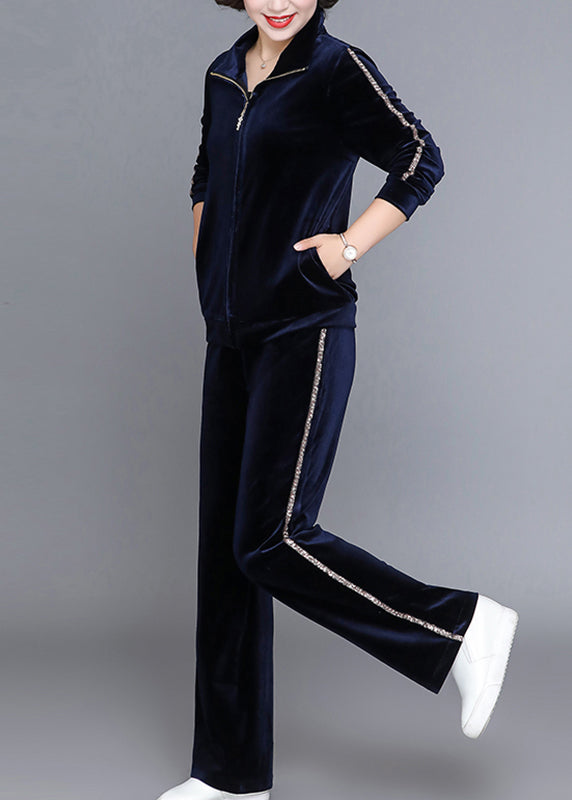 Handmade Wine Red Stand Collar Zippered Silk Velour Coats and Straight Pants Two Piece Set Fall