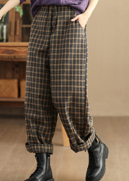 Pockets Plaid Elastic Waist Trousers Spring
