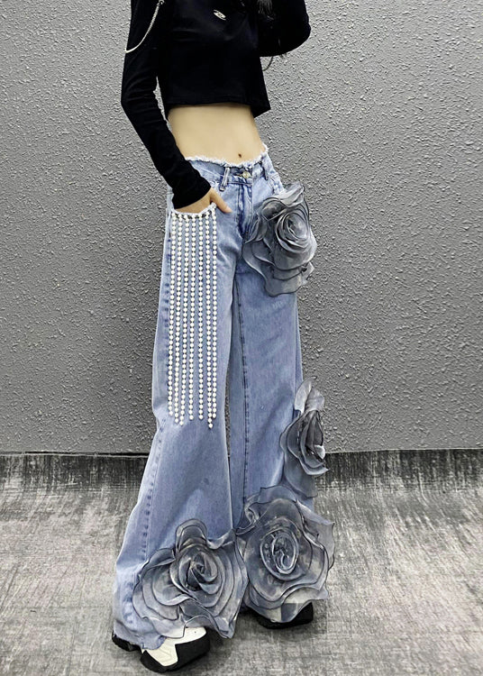 Blue Pockets Bead Tassel Denim Pants Fall