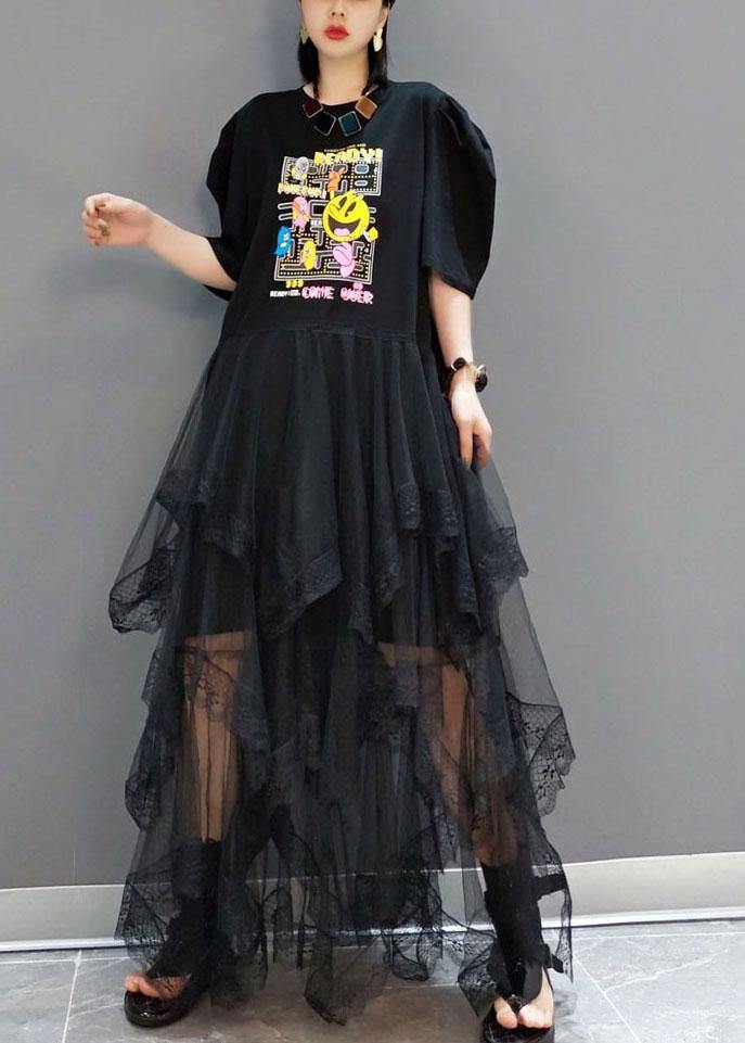 Black O-neck Print Half Sleeve Fall Dresses