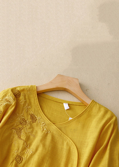 Stylish Yellow V Neck Embroideried Linen Blouses Bracelet Sleeve