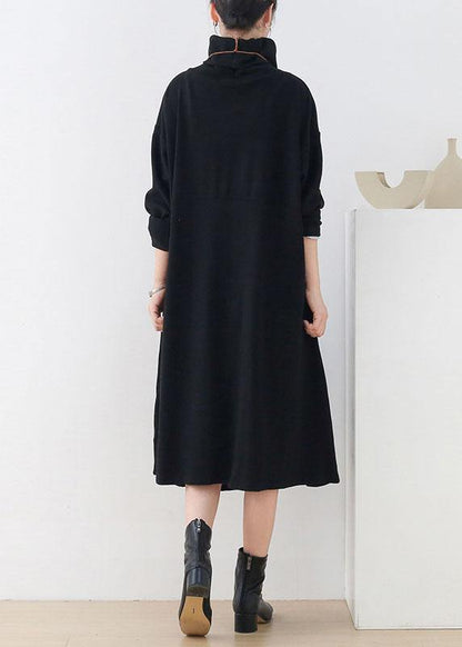 Handmade Black Loose Turtleneck Fall Cotton Dress Long Sleeve