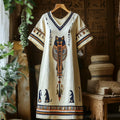 Comstylish Egyptian Cat Tribal Totem Women's Linen Short Sleeve Maxi Dress