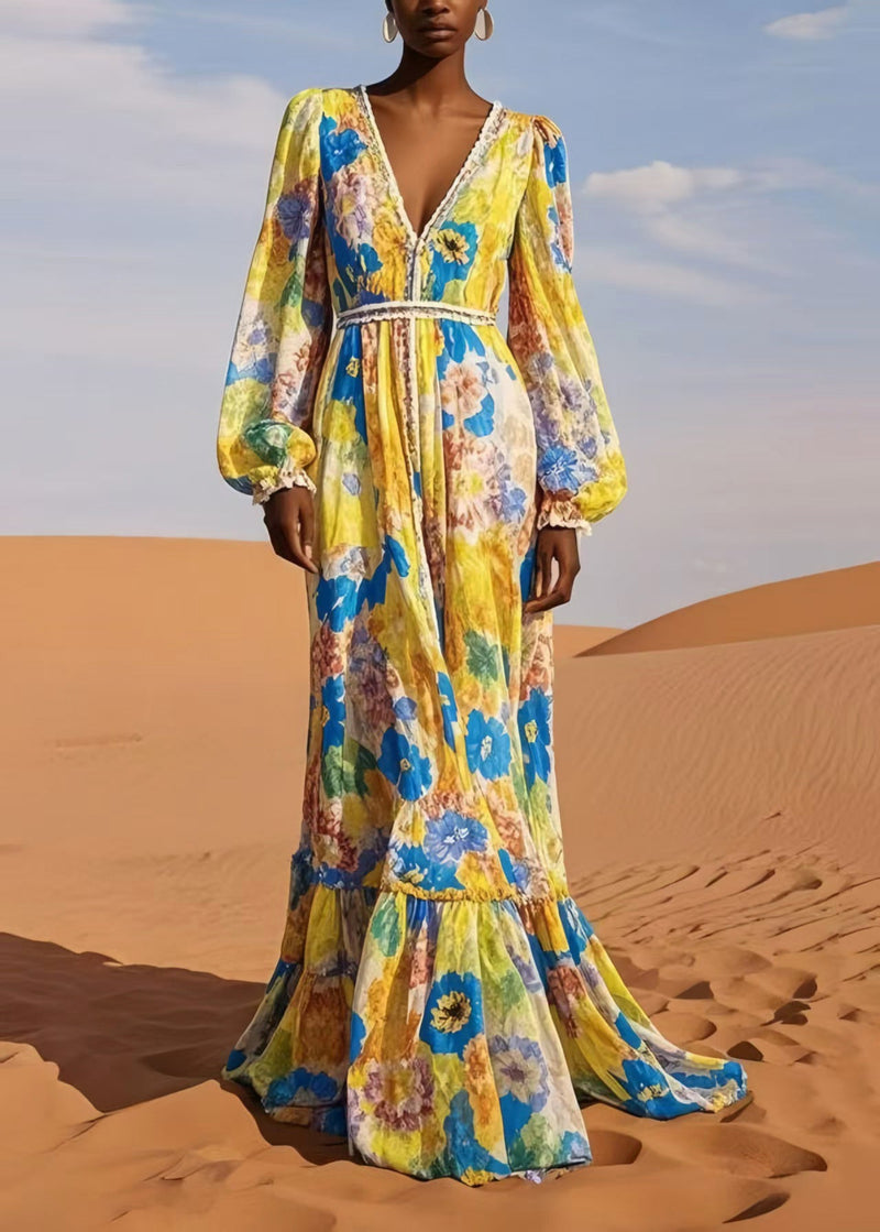 Yellow V Neck Print Chiffon Beach Dress Spring