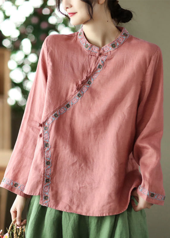 Watermelon Red Embroideried Linen Shirt Long Sleeve