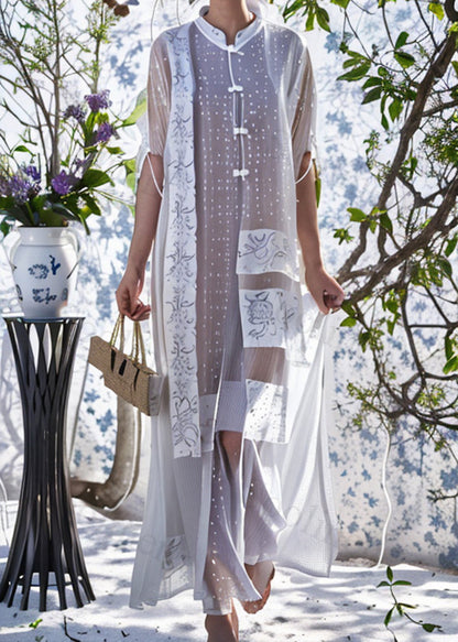 White Mandarin Collar Print Silk Long Dress Summer