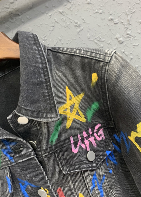 Black Gray Lapel Graffiti Denim Jacket Autumn