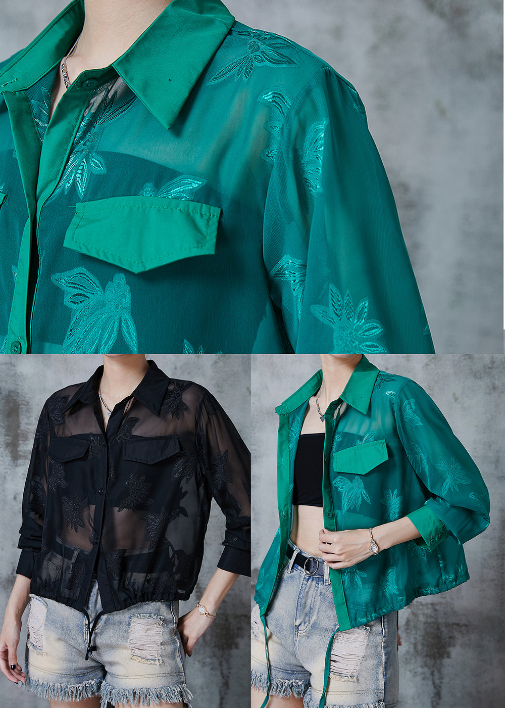 Black Tulle Upf 50+ Coat Jacket Embroidered Drawstring Summer