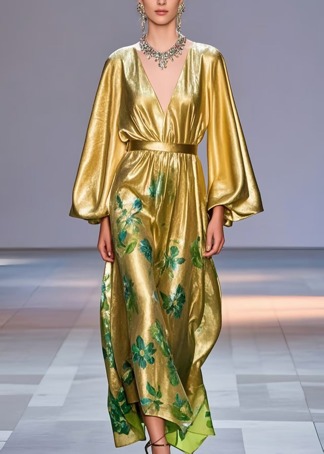 Golden Cinched Print Silk Party Dress Lantern Sleeve Spring