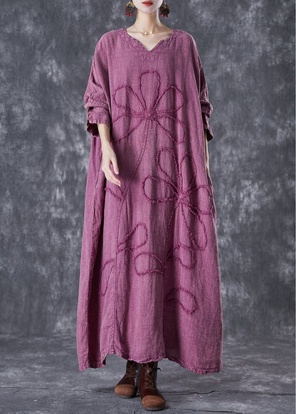 Organic Purple Embroideried Linen Maxi Dresses Fall