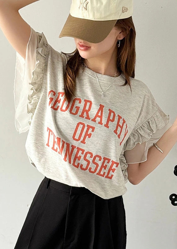 Grey Ruffled Patchwork Print Cotton Tops Summer