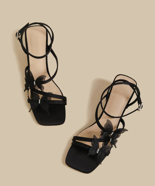 French Butterfly Splicing Chunky Sandals Black Faux Leather