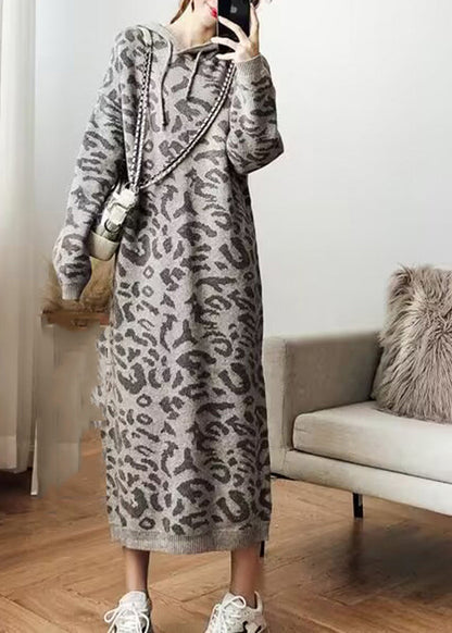Grey Leopard Cozy Hoodie Knit Sweater Dress Fall