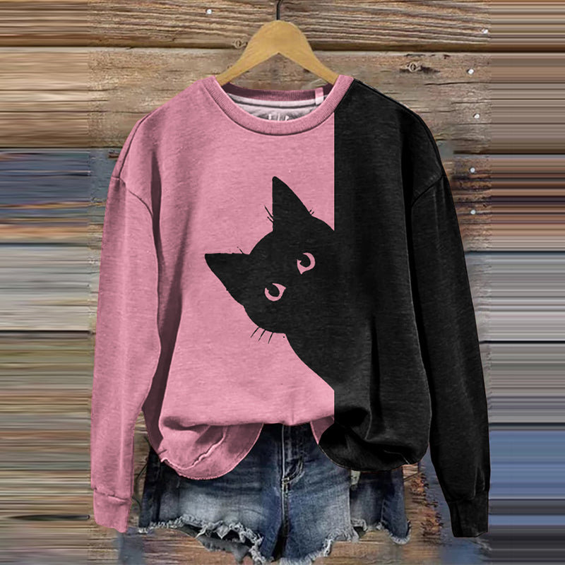 Women's Peek-A-Boo Hiding Black Cat Printed Sweatshirt elevenforest