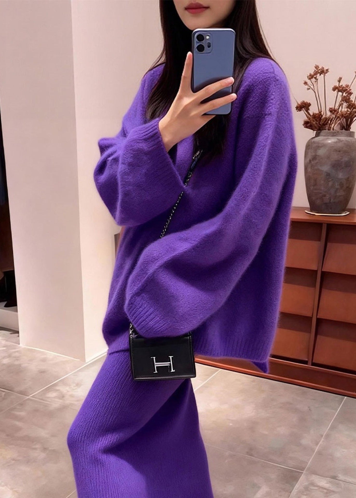 Purple Backless Bow Knit Two Piece Set Outfits Winter