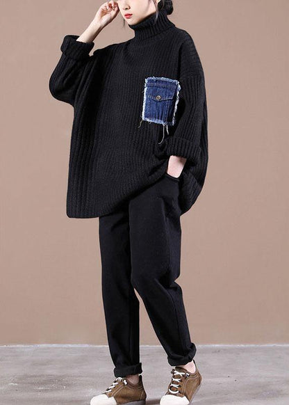 Black Pockets High Neck Fall Knit Top