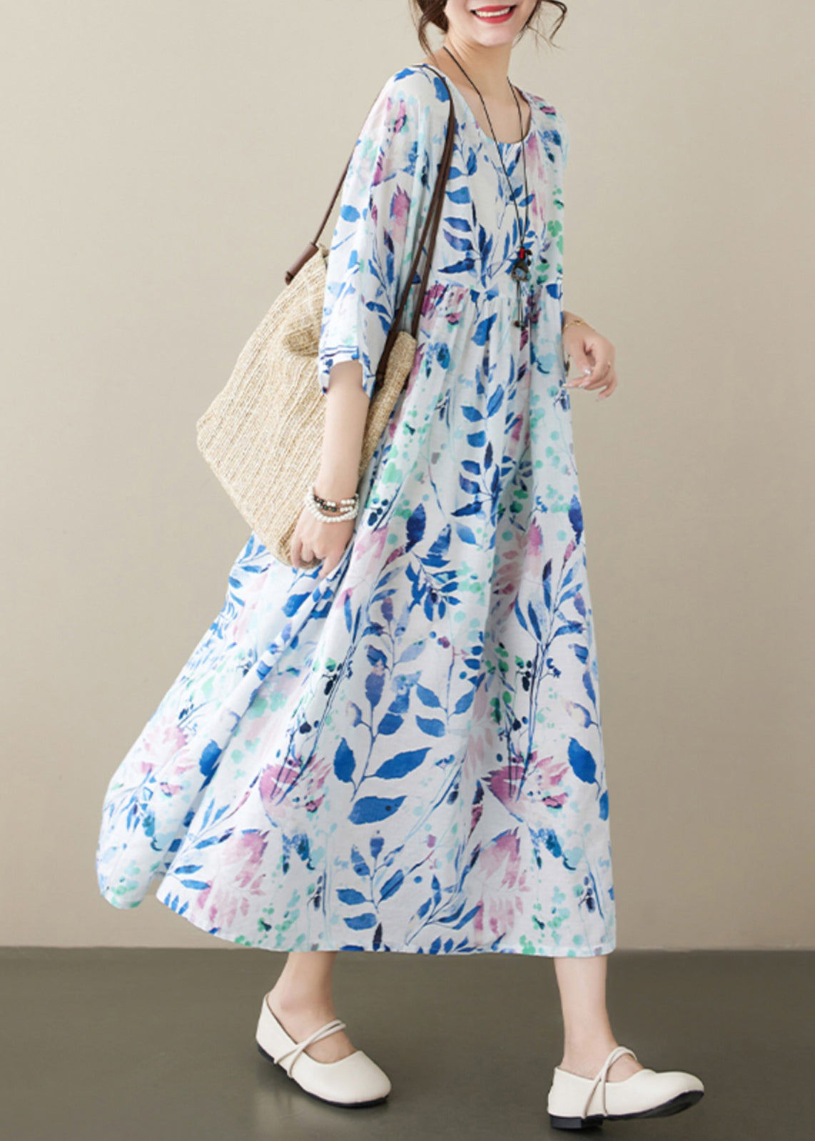 Blue O Neck Print Cotton Dress Summer