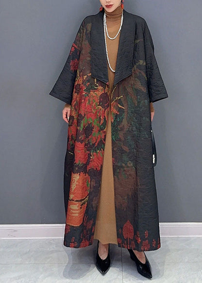 Black Asymmetrical Print Long Trench Coats Long Sleeve Fall