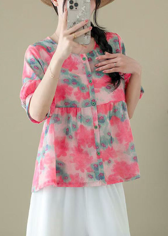 Pink O Neck Print Patchwork Cotton Shirts Summer