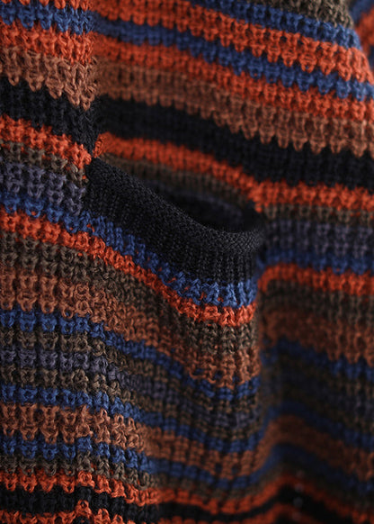 O-neck Thick Striped Pockets Knit Sweater Long Sleeve