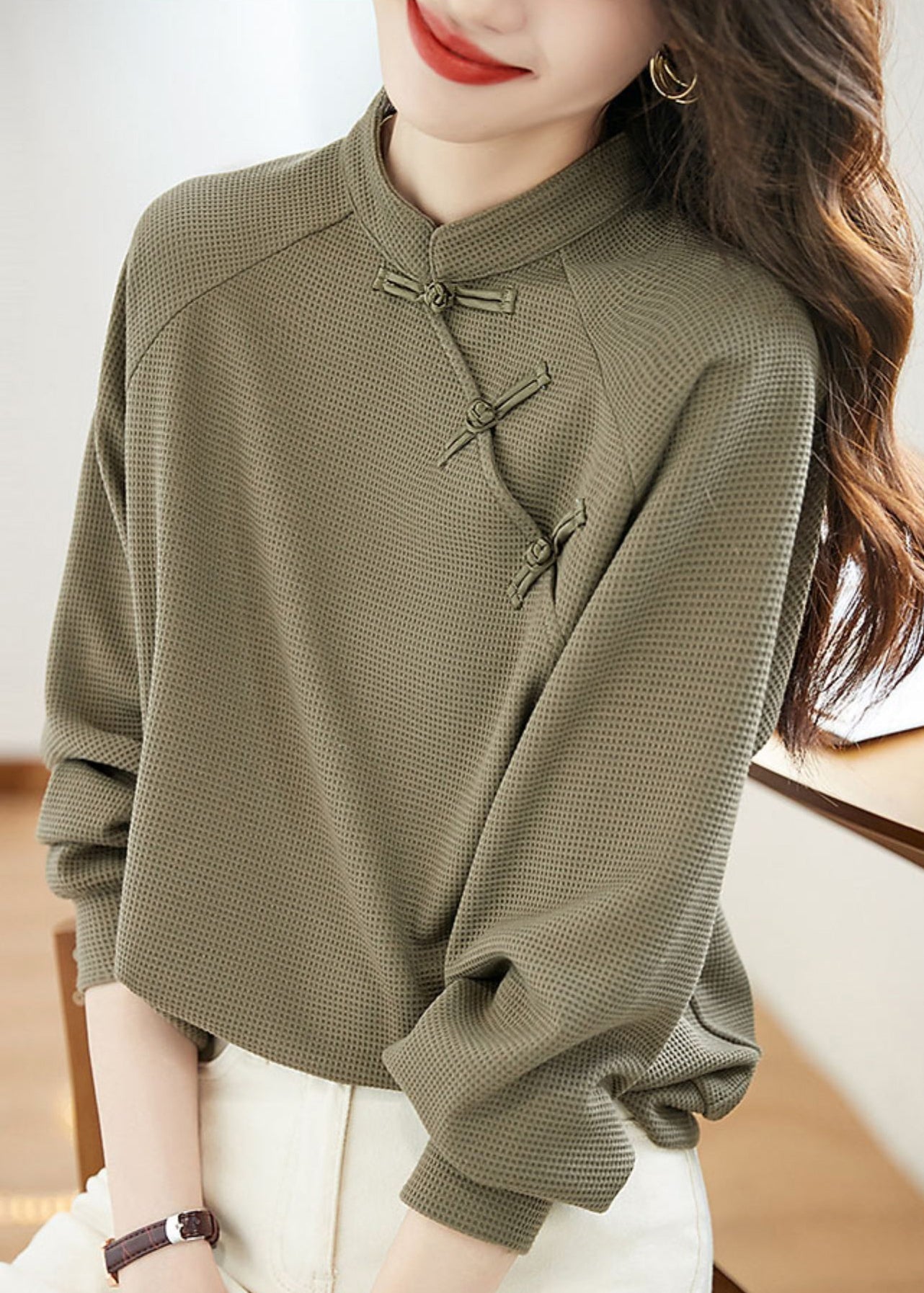 Stand Collar Green Button Patchwork Cotton Top Fall