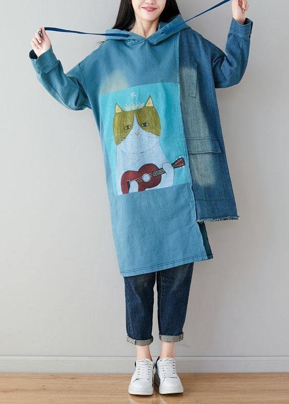 Blue Hooded Pockets Patchwork Asymmetrical Design Print Fall Pullover Sweatshirt
