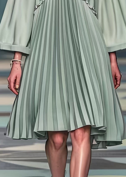 Green Peter Pan Collar Wrinkled Chiffon Mid Dresses Summer