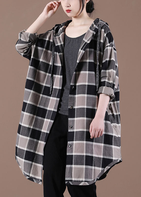 Handmade Khaki Plaid Hooded Drawstring Button Fall Shirt Top
