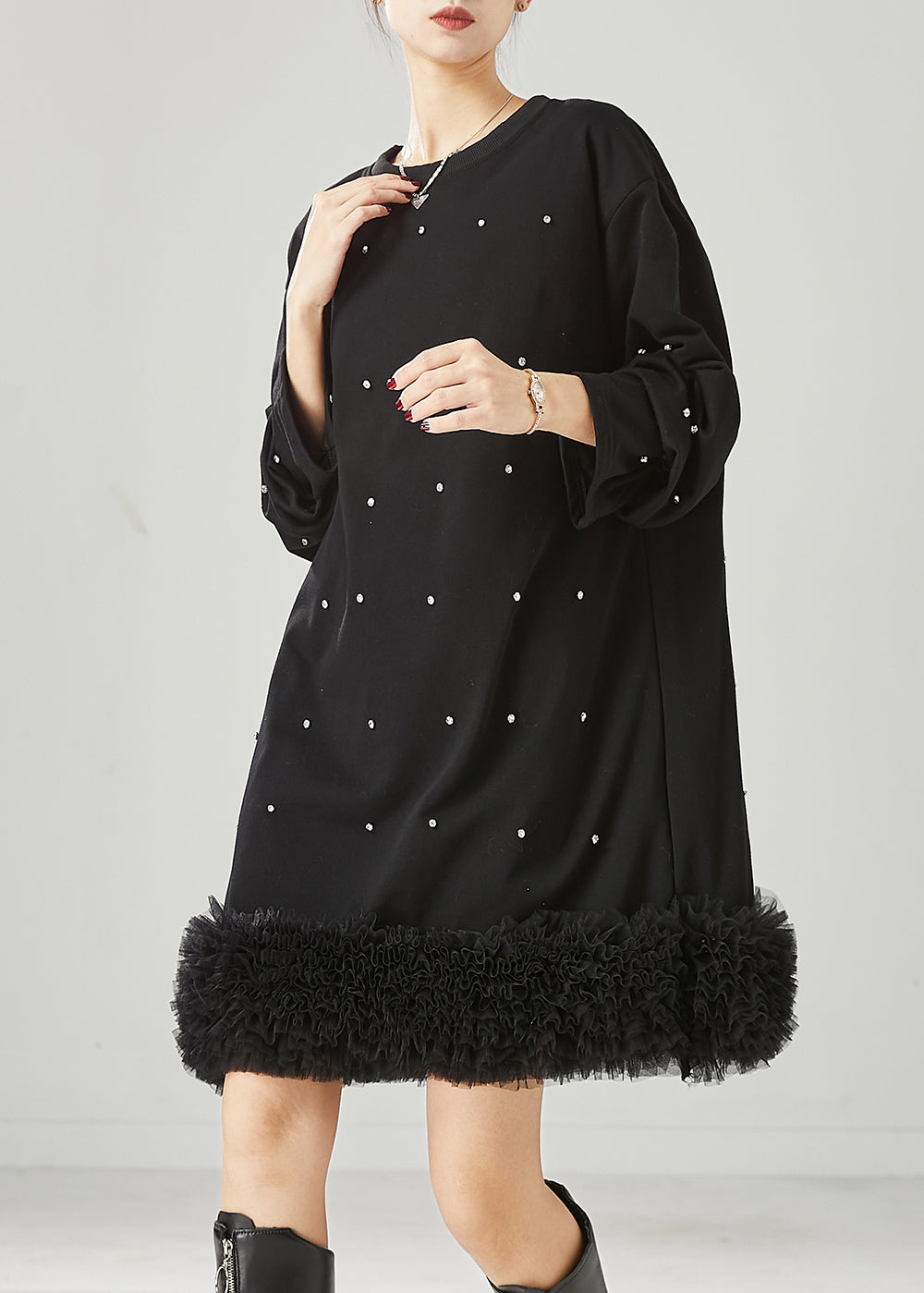 Diy Black Oversized Patchwork Ruffled Cotton Sweatshirt Dress Spring