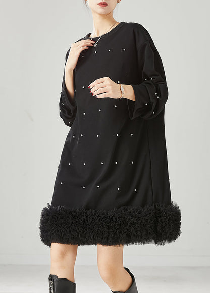Diy Black Oversized Patchwork Ruffled Cotton Sweatshirt Dress Spring