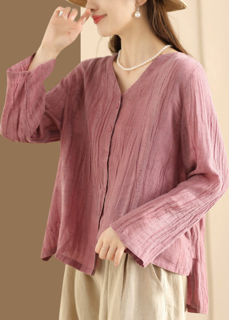 Blue V Neck Button Wrinkled Linen Top Long Sleeve