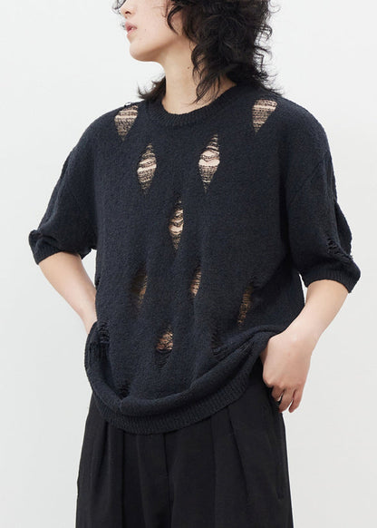 Black Hollow Out Hole Ice Silk Knit Top Half Sleeve