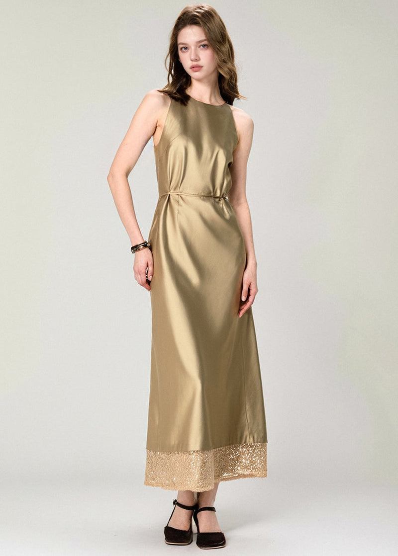 New Gold Print Patchwork Silk Long Dress Summer