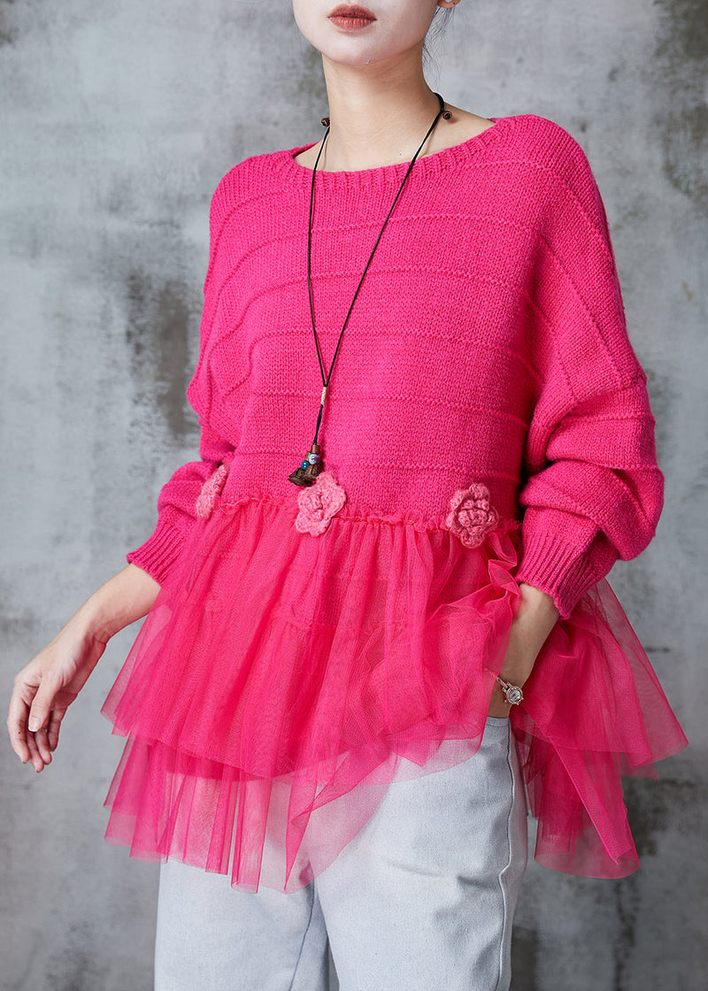 Fine Rose Patchwork Tulle Knit Sweater Tops Spring