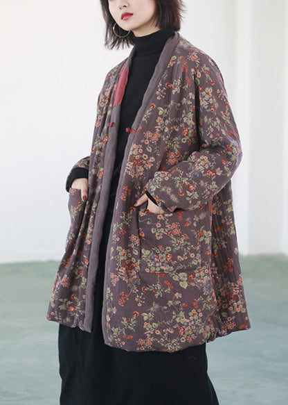 Purple Print Chinese Button Fine Cotton Filled Coats Winter