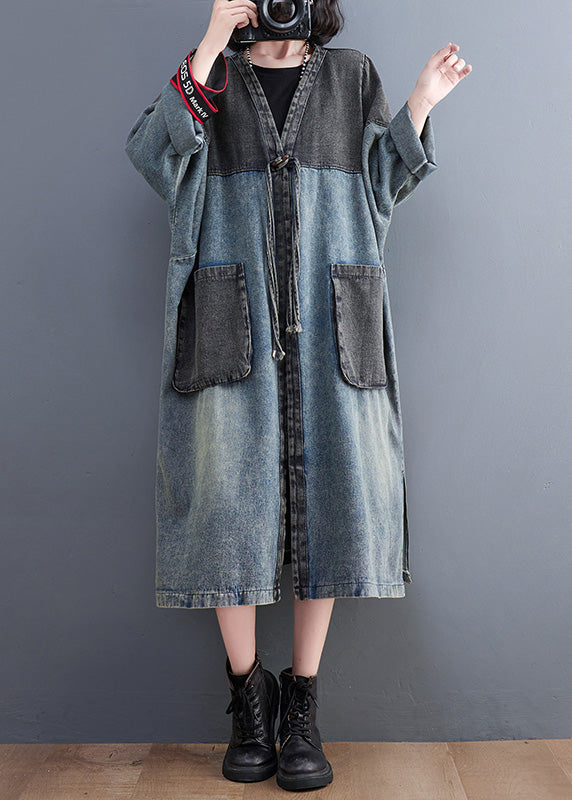 Denim Blue V Neck Patchwork Trench Coat Spring